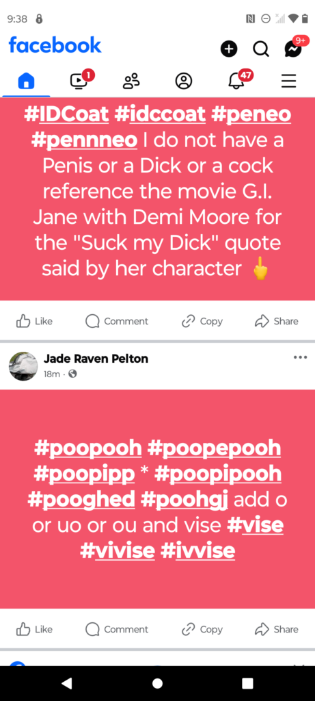 screenshots from my Facebook page which is Jade Raven Pelton not jgj or somebody else who rapes my privacy and life or existence